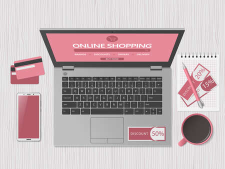 Online shopping concept. Online store website on computer screen.. Workspace with laptop, smartphone, credit cards and discount coupons. Top view, flat lay. Vector illustrationのイラスト素材