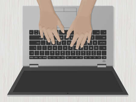 Hands typing on laptop keyboard. Remote work, teleworking, freelance, online learning, distance education, online shopping. Online communication in a social network. Vector illustrationのイラスト素材