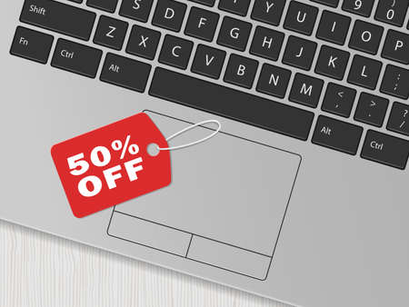 Computer keyboard and red tag. 50 percent off. Half price discount. Online shopping concept. Vector illustrationのイラスト素材