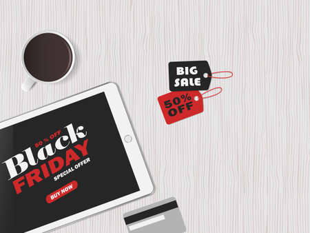 Online shopping concept. Black friday. Big sale. Workspace with tablet, red and black tags and credit card. Top view, flat lay. Vector illustrationのイラスト素材