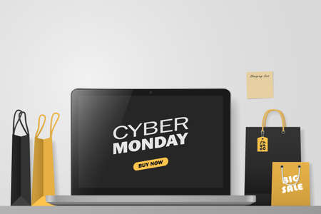 Online shopping concept. Cyber monday. Big sale. Workspace with laptop and shopping bags . Vector illustrationのイラスト素材