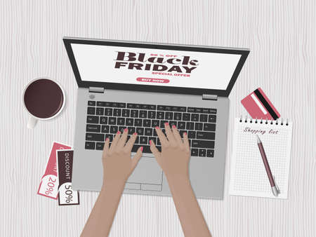 Woman is shopping at online store. Black friday sale. Workspace with laptop, credit card and discount coupons. Top view, flat lay. Vector illustrationのイラスト素材