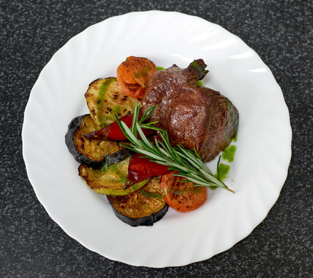 Roasted beef fillet with herbs and grilled vegetables. Top viewの素材 [FY310170261630]