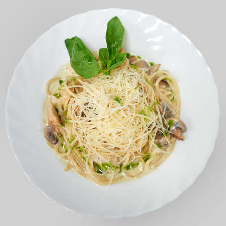 Spaghetti with chicken, mushrooms and cheese in a creamy sauce. Top viewの写真素材