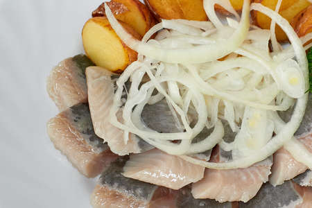 Pieces of salted herring fillet with baked potatoes and onionsの写真素材