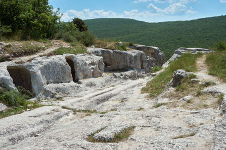 Ancient road in the cave city. Medieval fortress-city. Cave mountain town in Crimea.の写真素材