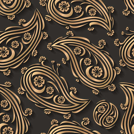 Gold paisley 3d background. Seamless pattern for decoration. Ornate pattern with flowers. Vector illustrationの写真素材
