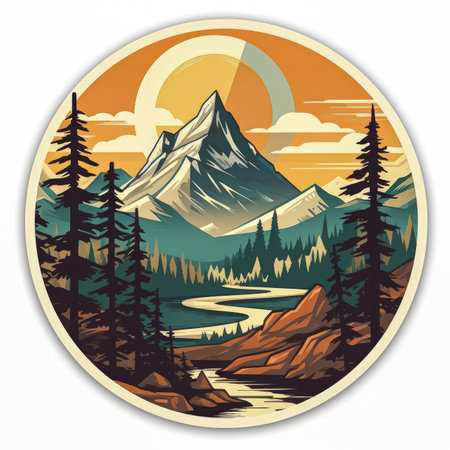 illustration of a landscape with mountains, forest and river in circle shape.の素材