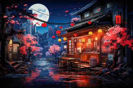 Chinese restaurant on the street at night in full moon light illustrationの素材