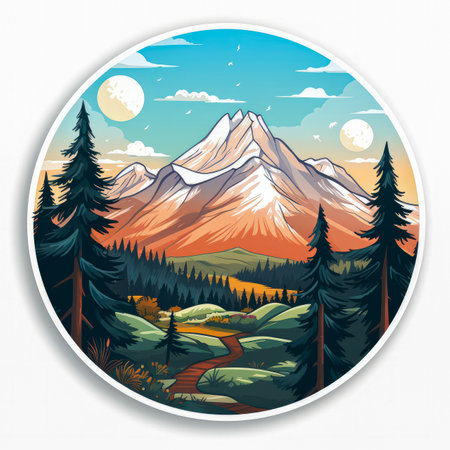 illustration of a landscape with mountains, forest and river in circle shape.の素材