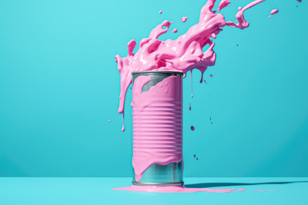 Pink paint splashing out of a can on blue backgroundの素材