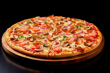 Pizza with ham, mushrooms, tomatoes and onions on a black background.の素材