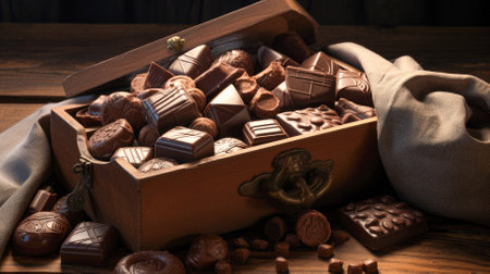 Box of delicious chocolates on wooden table, close-up.の素材