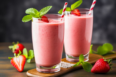Strawberry milkshake in a glass on a dark background.の素材