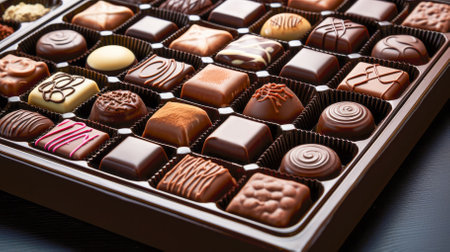 Assorted chocolates in a wooden boxの素材