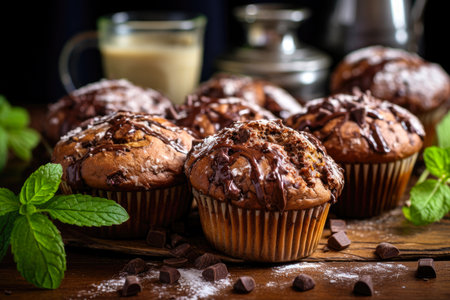 Chocolate muffins with chocolate glaze on a wooden backgroundの素材