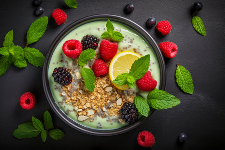 Green smoothie bowl with granola, fresh raspberries and mint leaves on black background.の素材