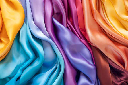 background of multicolored silk drapery fabric close-up.の素材