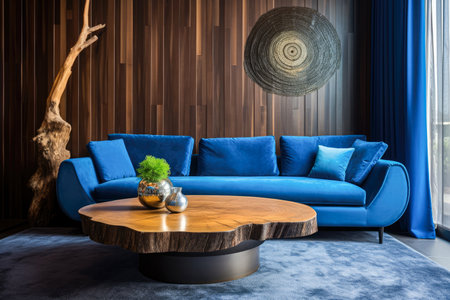interior of modern living room with blue sofa.の素材