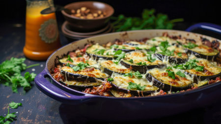 Baked aubergine with cheese and herbs in a baking dish.の素材