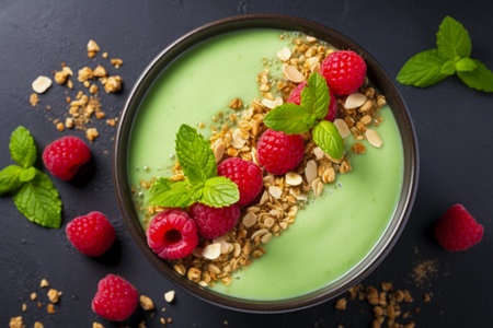 Green smoothie bowl with granola, fresh raspberries and mint leaves on black background.の素材