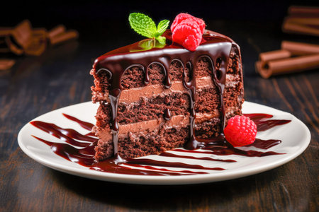 Chocolate cake on a dark wooden background. Selective focusの素材