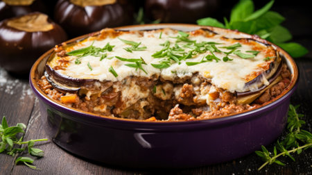 Baked moussaka with meat, mushrooms and cheese in a baking dish.の素材