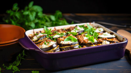 Baked aubergine with minced meat and cheese in baking dish.の素材