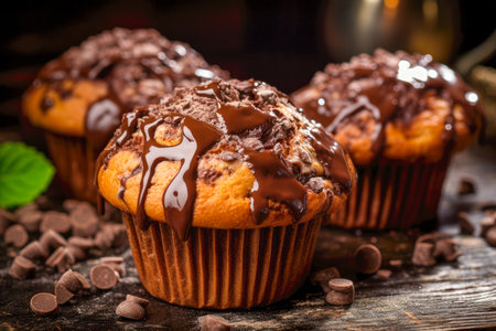 Chocolate muffins with chocolate glaze on a wooden backgroundの素材