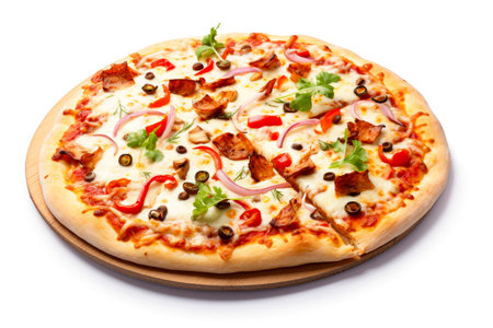Pizza with ham, mushrooms, tomatoes and onions on a black background.の素材