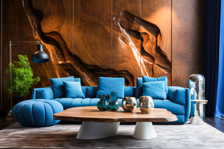 interior of modern living room with blue sofa.の素材