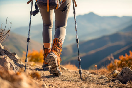 Hiker with backpack and trekking poles standing on top of a mountain.の素材