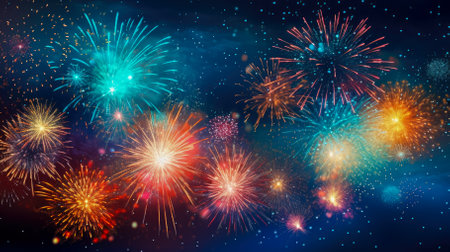 Fireworks night sky background with bokeh lightsの素材