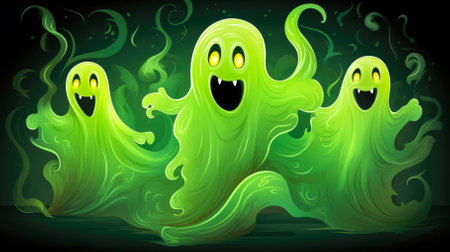 Cartoon spooky green ghosts in the seaの素材