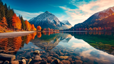 Beautiful autumn landscape with mountain lake and reflection in crystal clear water.の素材