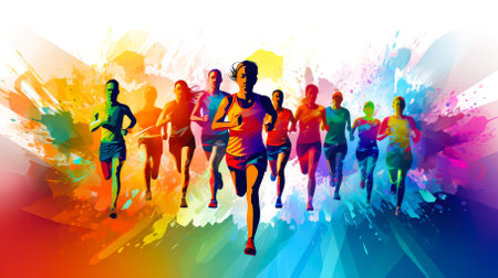 Marathon running race, people silhouettes on colorful backgroundの素材