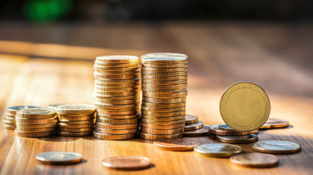 Stacks of coins on the background of the city. Business concept.の素材