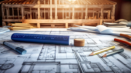 Blueprints and helmet on construction site. Engineering conceptの素材