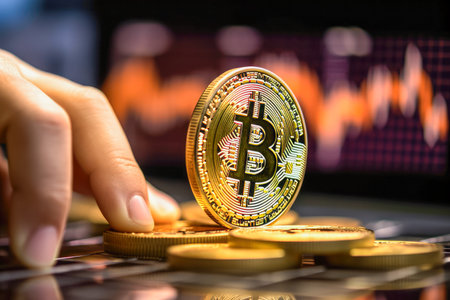 Bitcoin cryptocurrency coin and gold coin with candle stick graph chart backgroundの素材