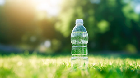 Plastic bottle of water on green grass with sunlight in the park.の素材