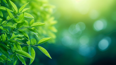 Close up of nature view green leaf on blurred greenery background under sunlight with bokeh and copy space using as background natural plants landscape, ecology wallpaper conceptの素材