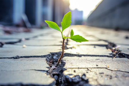 Green sprout growing from crack on cement floor with city backgroundの素材