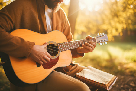 Close up of a man playing guitar and reading a book in the park.の素材
