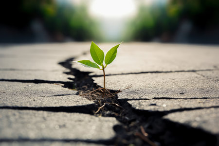 Green sprout growing from crack on cement floor with city backgroundの素材