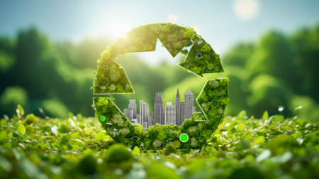 Ecology concept. Recycling symbol on green grass backgroundの素材