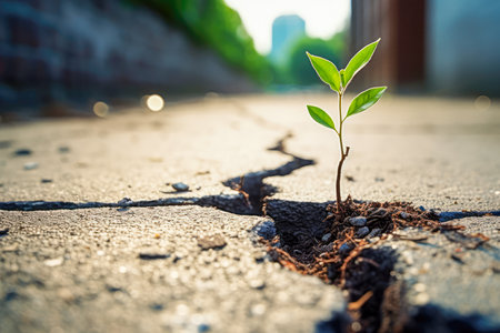 Green sprout growing from crack on cement floor with city backgroundの素材