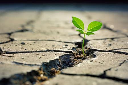 Green sprout growing from crack on cement floor with city backgroundの素材