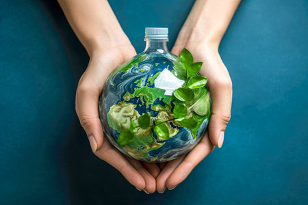 Closeup of female hands holding glass globe with green leaves inside on blue background.の素材