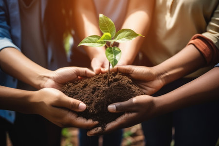 Close up of hands of African American children planting tree in soil.の素材