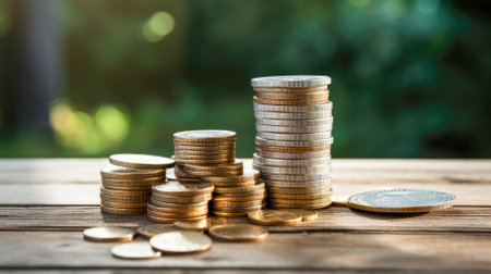 Stacks of coins on the background of the city. Business concept.の素材